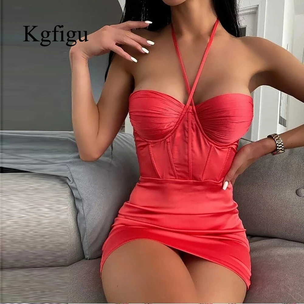 

KGFIGU Good Quality Dresses For Women 2021 Summer Ladies Halter-Neck Wrap Chest Bodycon Dress Elegant Solid Color Fashion Outfit