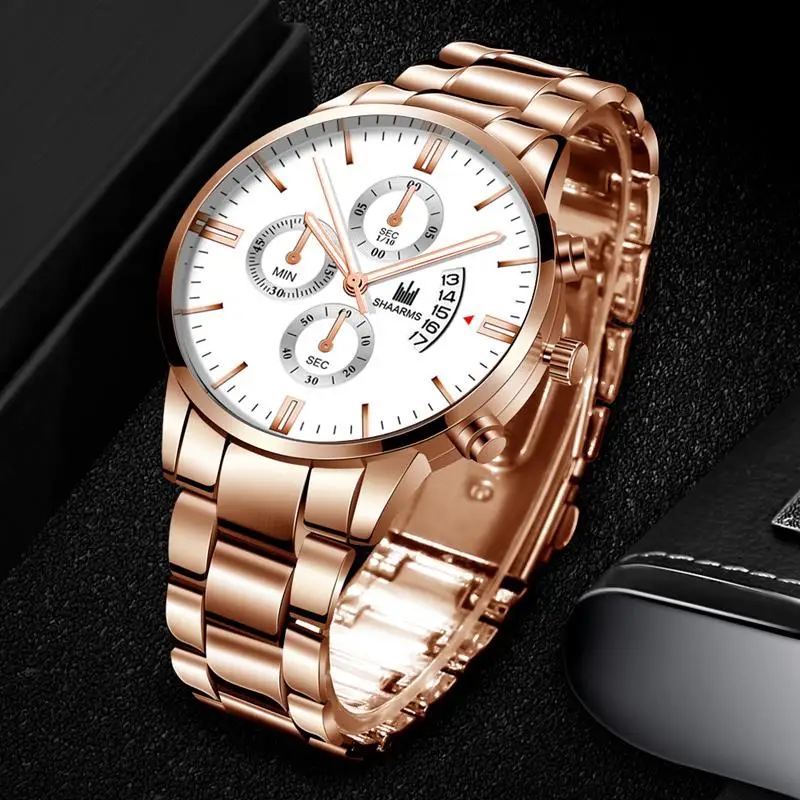 Роскошные мужские часы из розового золота ремешок нержавеющей стали аналоговые