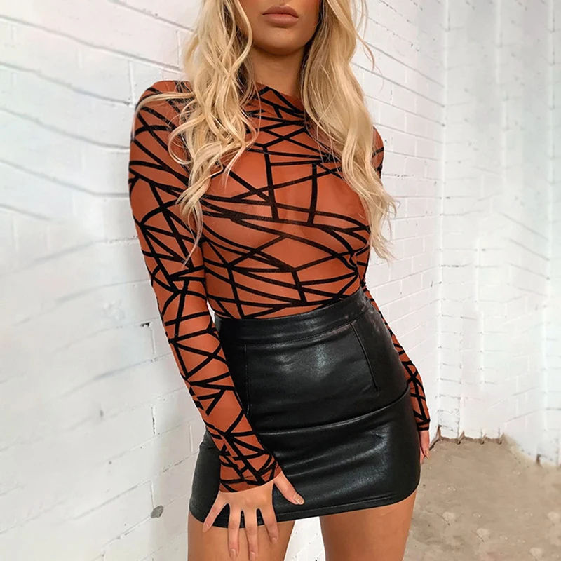 Женский комбинезон сексуальный облегающий боди с длинным рукавом принтом