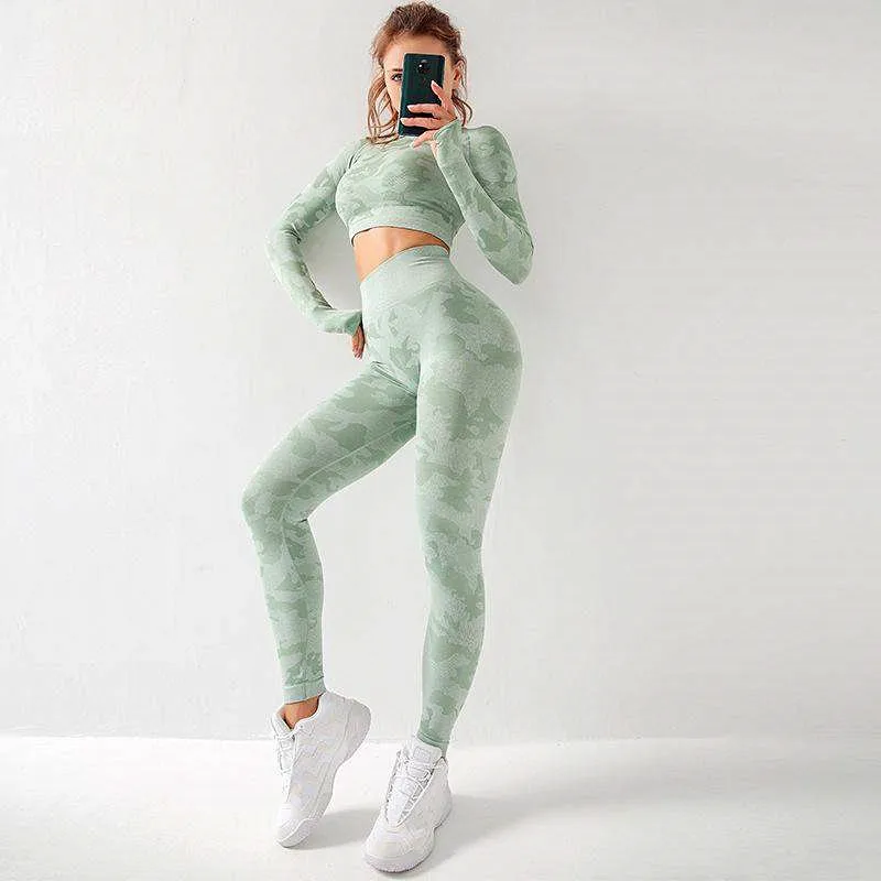 Камуфляжный комплект для йоги женские бесшовные топы фитнеса и спортивная