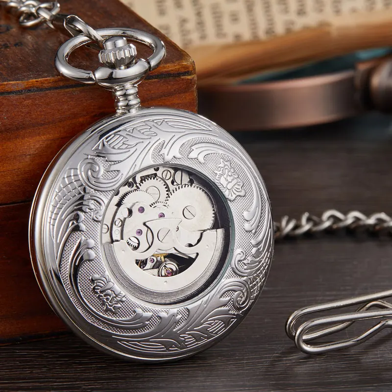 Новые механические карманные часы с бронзовым поездом, мужские часы с лазерной гравировкой, мужские флип-чехол, часы с цепочкой, подарочная коробка