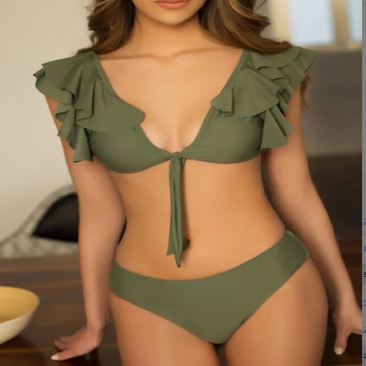 

New sexy chest buckle double shoulder jacquard solid green split swimsuit swimsuit