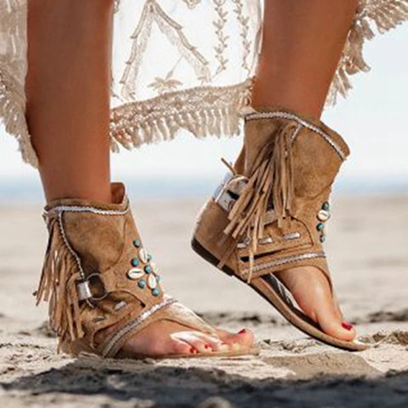 

Retro Women Fringe Flower Wedges Shoes 2020 Solid Flock Beach Casual Sandals Women Summer Flip Flop Sandals