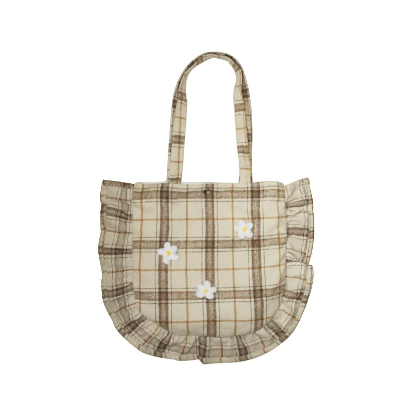

Tamara 2021 New Simple Plaid Woolen Ears Wild Literary Shoulder Bag Small Flower Decoration Student Shopping Bag