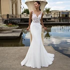 Элегантное свадебное платье русалки 2021, прозрачное кружевное платье без рукавов с круглым вырезом и аппликацией, шифоновое платье невесты с пуговицами на спине