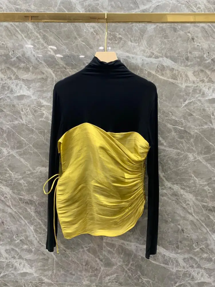 

2020 high collar color matching fold the side long sleeve T-shirt