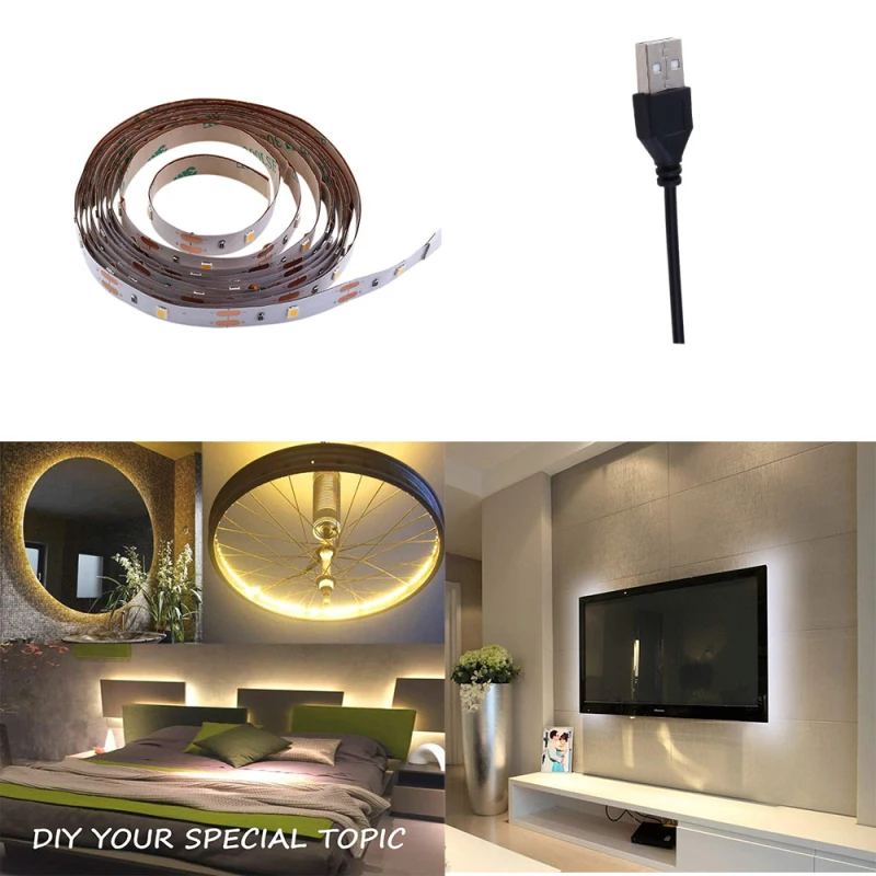 

1M 2M 30/60LED Strip Light SMD2835 USB/battery power Warm White Flexible Lighting Ribbon for wardrobe dressing table living room