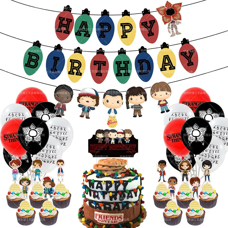 

1 Set Stranger Things Birthday Balloons Happy Birthday Banner Cake Topper for Kids Baby Shower Birthday Party Decorations