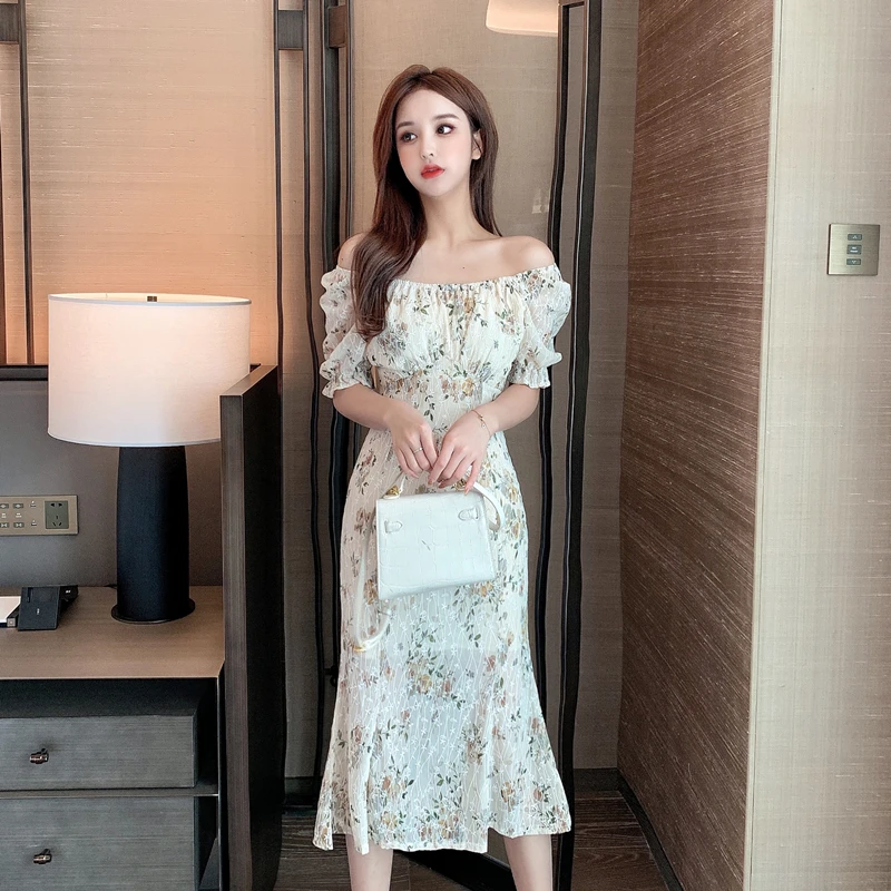 

CMAZ Women's Floral Dress Summer High Waist Slash Neck Maxi Dresses 2021 Korean A Line Vintage Dress Female Beach Dress
