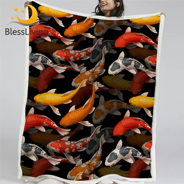 BlessLiving Koi Carps Throw Blanket Red Golden Lucky Fish Plush Blanket Colorful Bedding Auspicious Sherpa Fleece Blanket New 1
