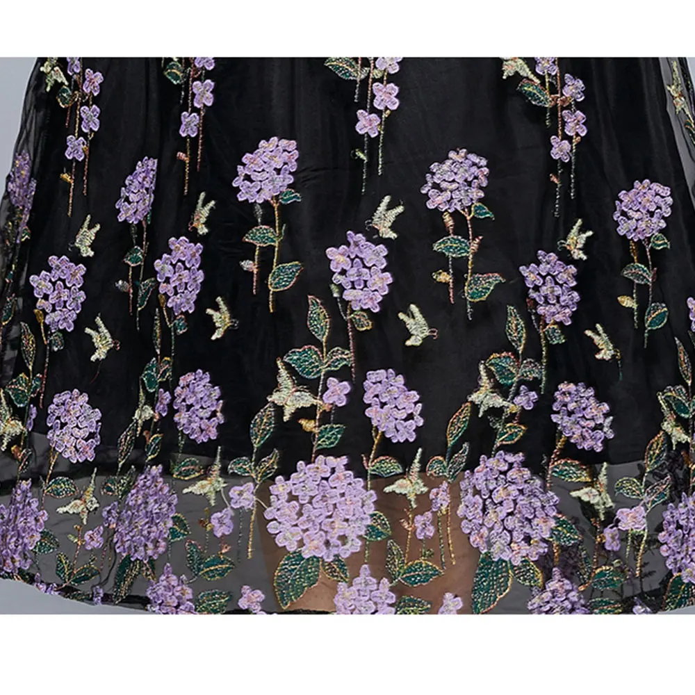 

Mechall 2021 Runway Fashion Vintage Black Maxi Dress Woman Mesh Embroidery O Neck Short Sleeve A Line Long Party Dress M69945