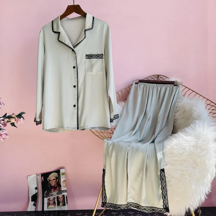 

2PCS Full Sleeve Shirt&Pant Pajamas Sets Sexy Turn-down Collar Sexy Lace Floral Trim Sleepwear Spring New Lounge Rayon Nightwear