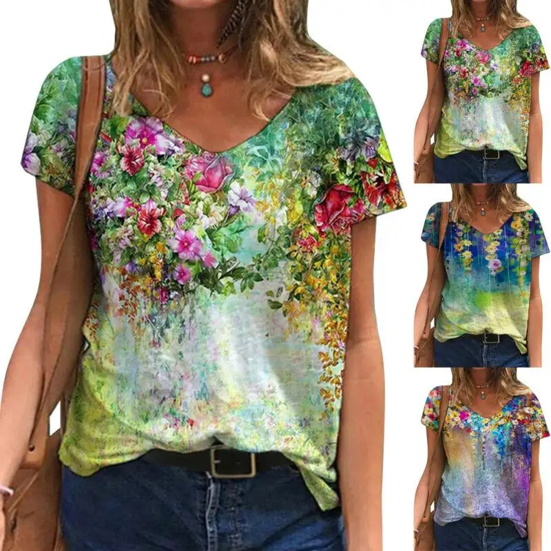 

Floral Printed Women Summer Baggy Shirts Casual Ladies V-Neck Short Sleeve Tops