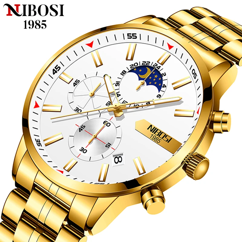 

NIBOSI New Gold Men Watches Fashion Waterproof Quartz Wristwatches Chronograph Luminous Watch for Men Clock Relogio Masculino