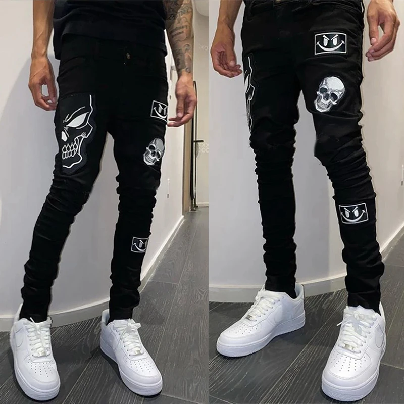 

2021 New Black Elasticity Slim Casual Jeans Boyfriend Business Thin Trousers Male Classic Printed Design Small Feet Denim Pants