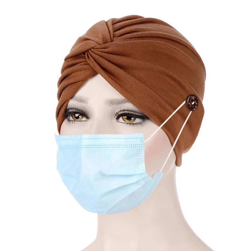 Женские шапки тюрбан с пуговицами бандана шарф однотонные для волос