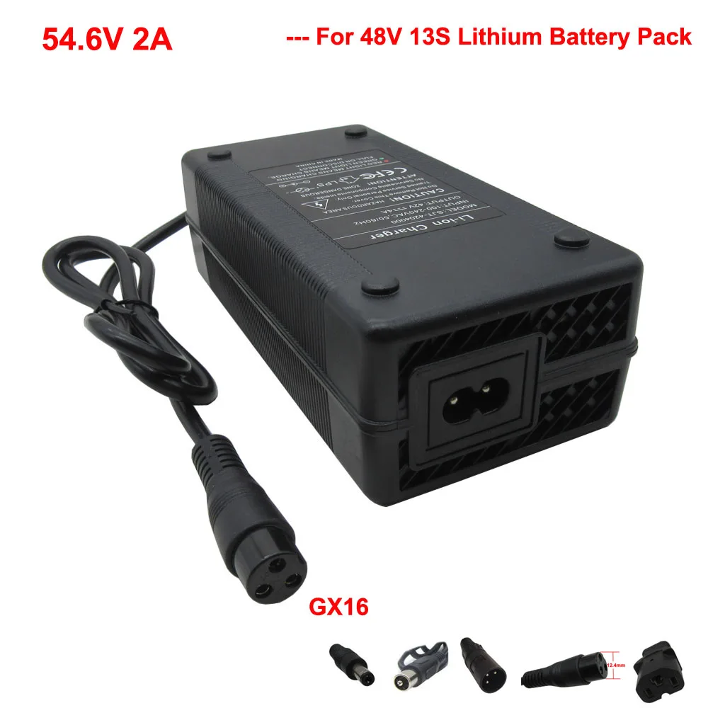 Carregador de Bateria com Ventilador Lítio Ebike Carregador 48v 13s Li-ion Bicicleta Elétrica Scooter Gx16 Xlrm Rca dc Porto 54.6v 2a