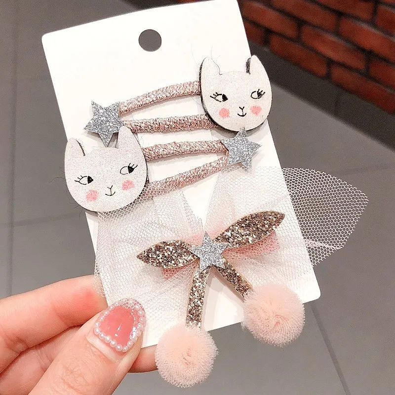 3 шт./компл. милые детские с рисунками животных Bb клип Cat Заколки невидимки для волос блестящие Головные уборы Детские аксессуары для волос