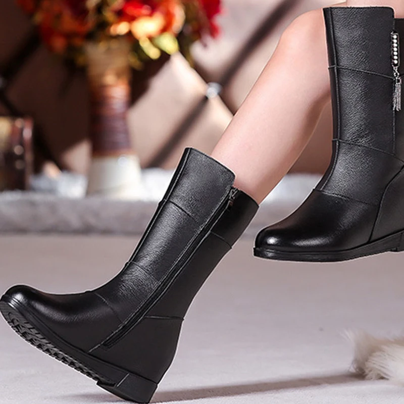 

CEYANEAO Women Mother Ladies Female Genuine Leather Mid-Calf Shoes Boots Winter Plush Fur Bling Warm Zipper Plus Size 35-42