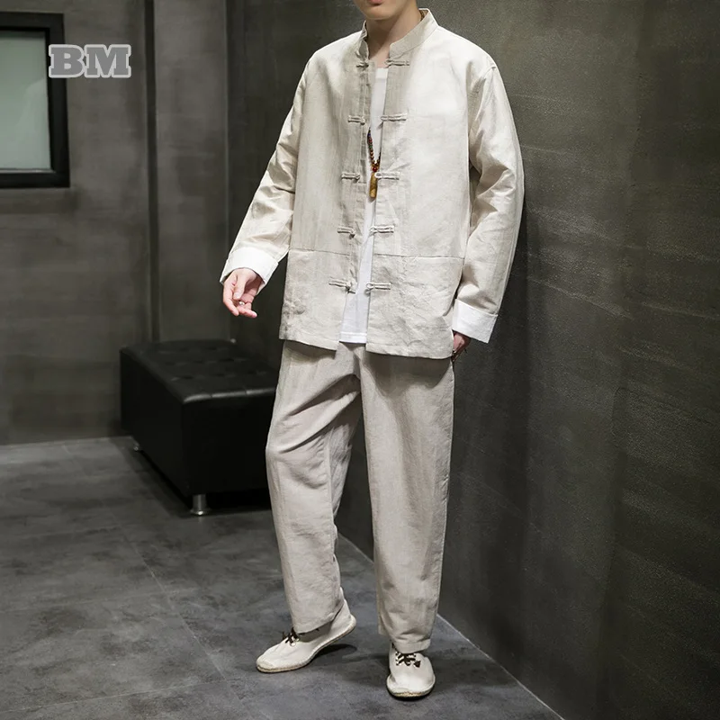 

Пиджак мужской из льна и хлопка, в китайском стиле, костюм ханьфу г., в стиле Тай-Чи, кунг-фу, свободный, размера плюс