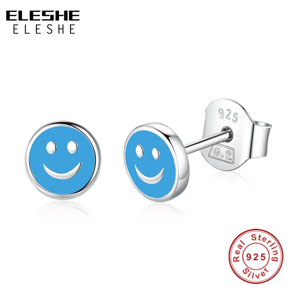 Голубая Эмаль 925 стерлингового серебра серьги небольшие круглые улыбающееся