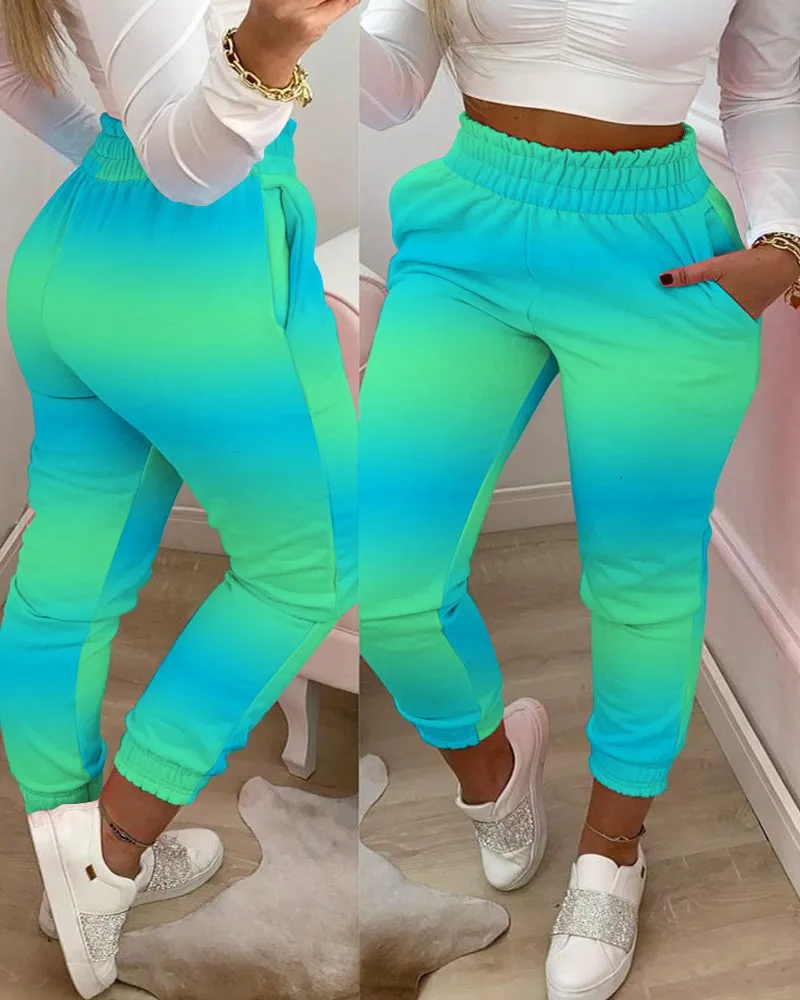 

Spring Summer Fashion Solid and Print Shirring Waist Pocket Design Casual Long Cargo Pants Sportswear Women's Trousers