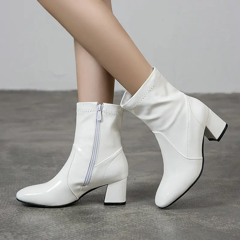 Ботильоны женские на молнии удобные ботинки квадратном каблуке квадратный носок