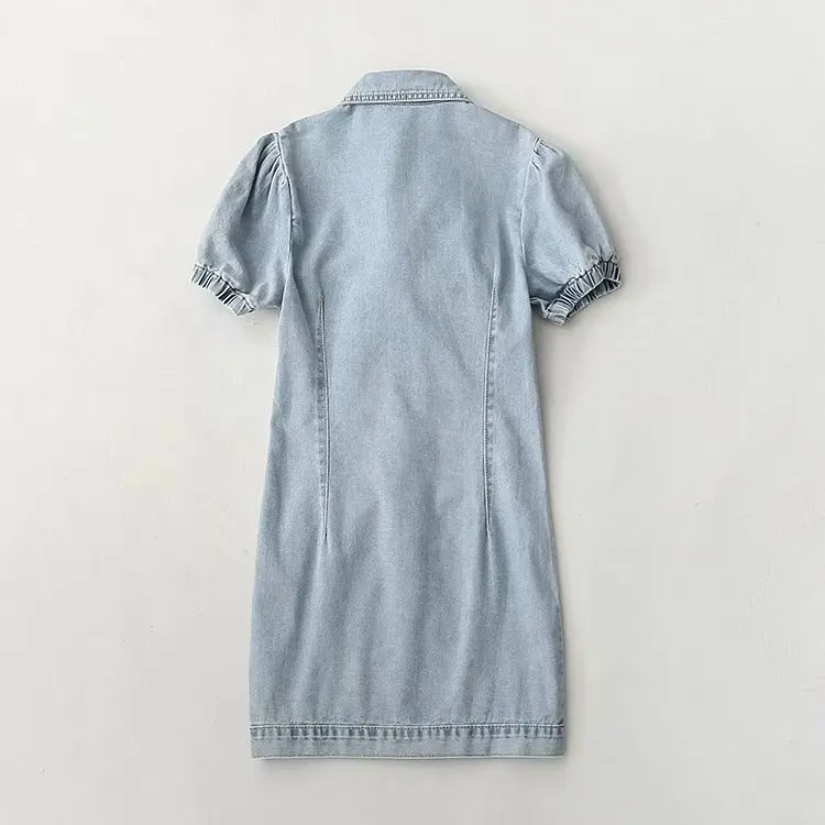 

Blue Lapel Bubble Sleeve Lace-up Denim Dress French Slim Skirt Female Tide DLQZ2021