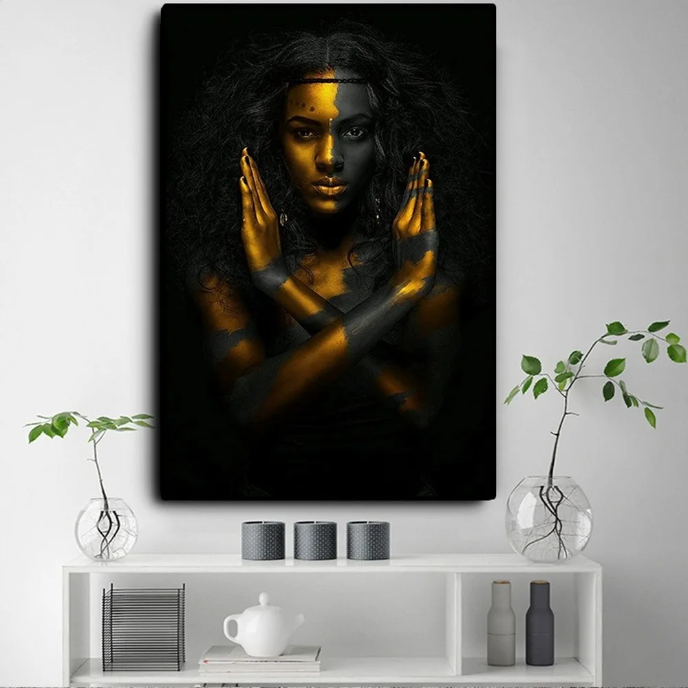 

Hot Selling African Woman Canvas Painting Fashion Model Black Gold Poster Home Wall Art Canvas Decoration Painting Pictures