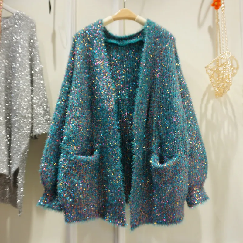 

Bright Silk Mixed Color Cashmere Sweater Coat Spring Long Lantern Sleeve Mohair Knitted Cardigan Loose Outwear Tops Sueter Mujer