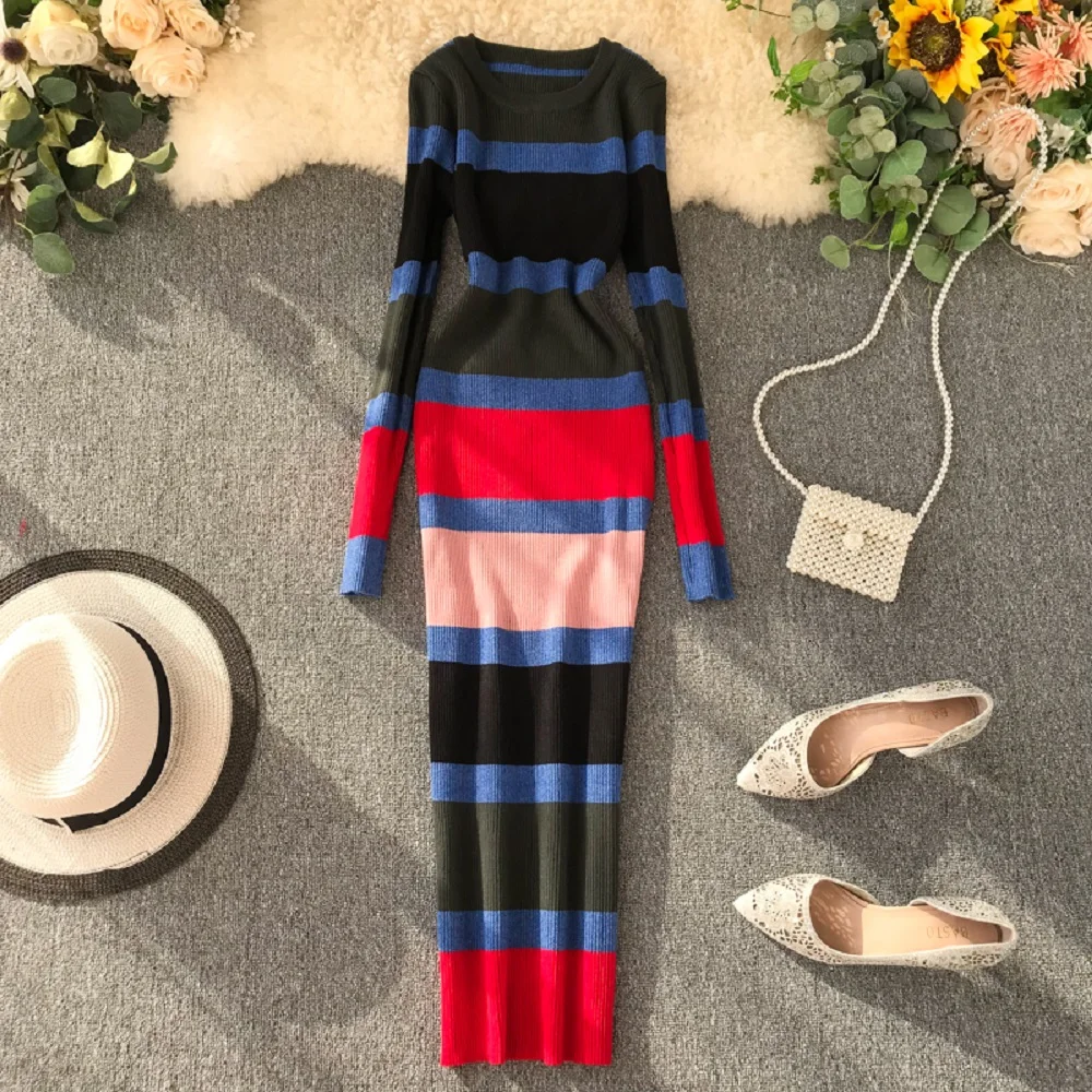 

First song Women's Knit Sweater Striped Dress 2019New Autumn Stitching Black Long Sleeve Color Women's Maxi Dress XL