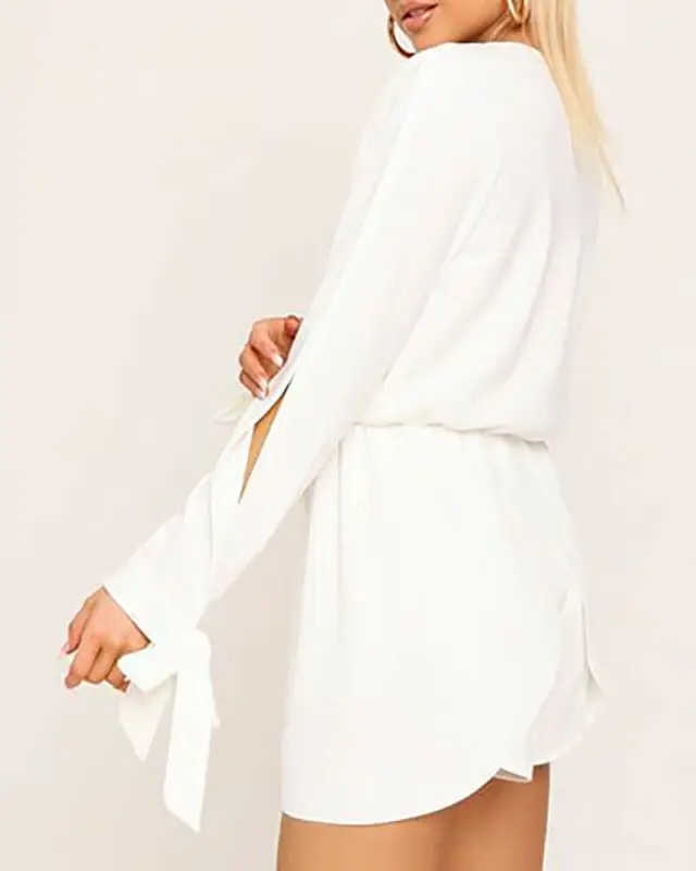 Женская новая модная блузка рубашка с бантом туника длинным рукавом топы белого