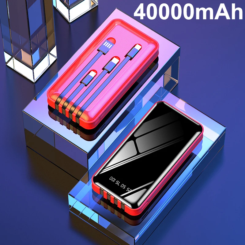 

40000mAh Power Bank For Xiaomi Mi iPhone Huawei Samsung Fast Charging Powerbank Built in 4 Cable External Battery Pack Poverbank