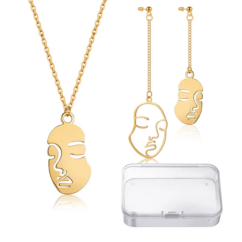 

Heytree Fashion Irregular Human Face Jewelry Sets For Women Gold Girls Abstract Art Design Earrings/Necklace Set 2021 Party Gift