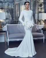2022 new o neck long sleeve satin wedding dresses pleated white sweep train mermaid bridal gowns vestidos de novia
