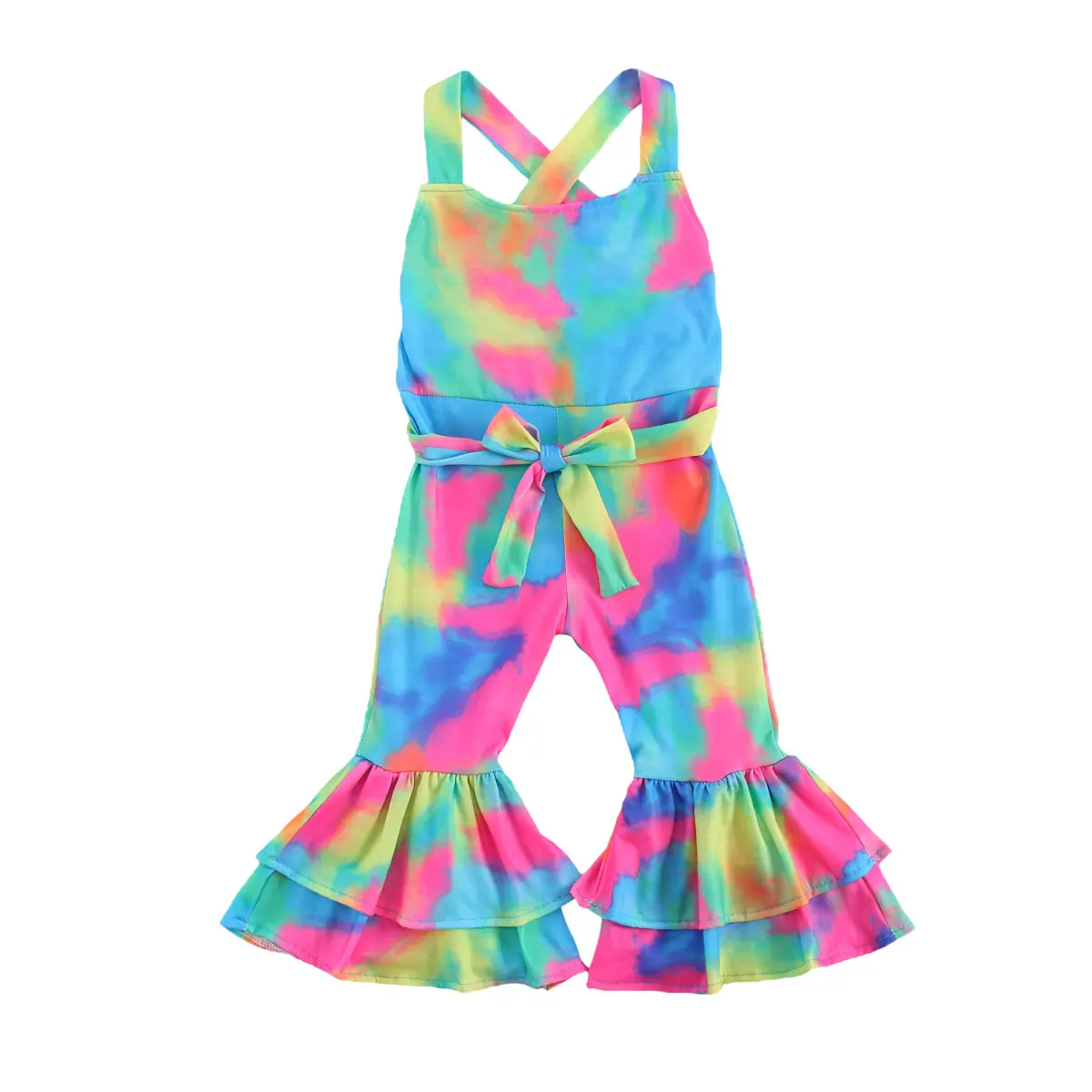 

1-6Y Fashion Baby Girls Tie-Dye Overalls Pants Sleeveless Print Backless Belt Flare Pants outfits