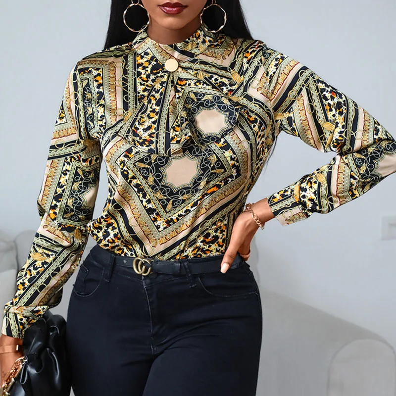 

Women Fashion Bowknot Print Shirt Blusa Spring Elegant Long Sleeve Tops Pullover Autumn Winter Office Ladies Bow Tie Blouse 3XL