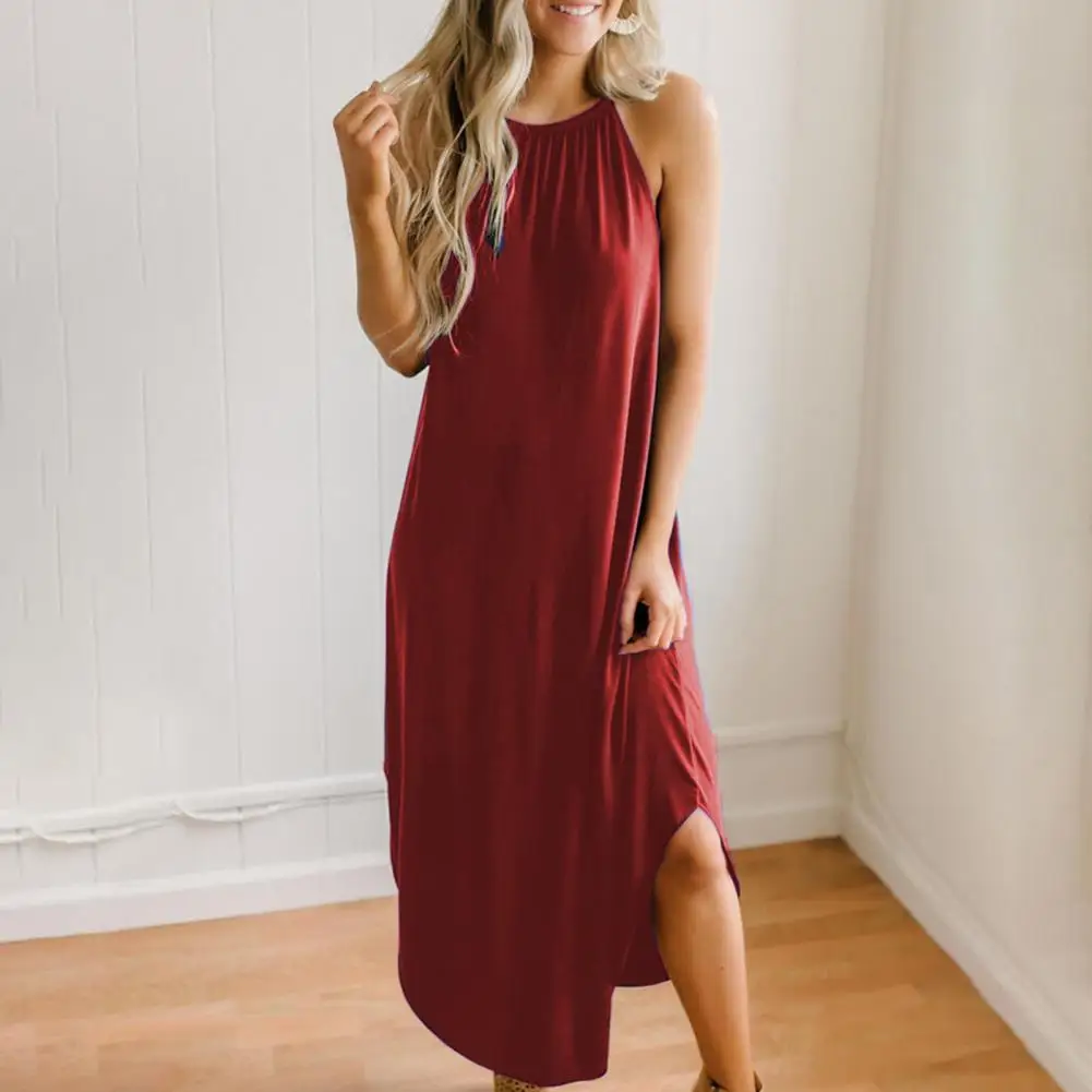 

Summer Fashion Sleeveless Sling Halter Dress Comfortable Women Solid Color Dress