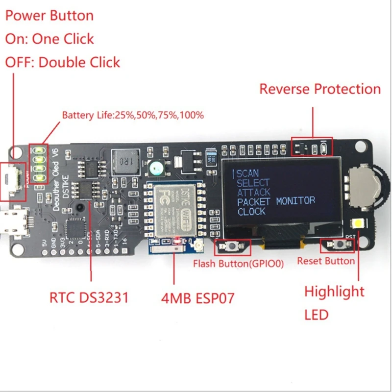 

WiFi Deauther OLED V6 ESP8266 Development Board 18650 Battery Polarity Protection Case Antenna 4MB ESP-07 I1-005