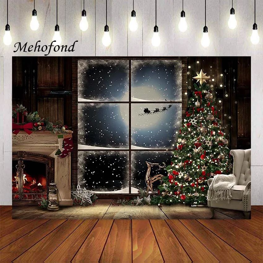 

Mehofond Photography Background Christmas Window Vintage Wooden Santa Claus Elk Sled Winter Portrait Decor Backdrop Photo Studio