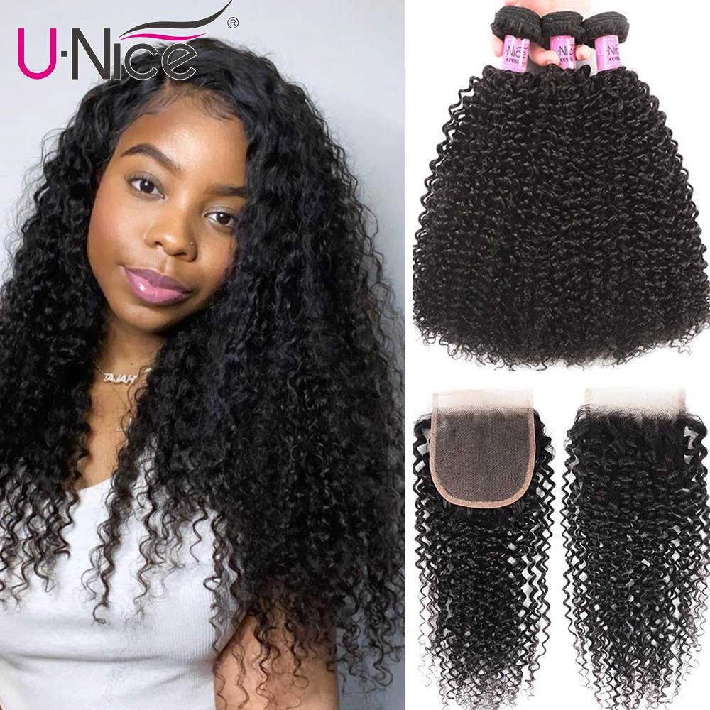 Волосы Unice монгольские кудрявые человеческие волосы пряди с закрытием для