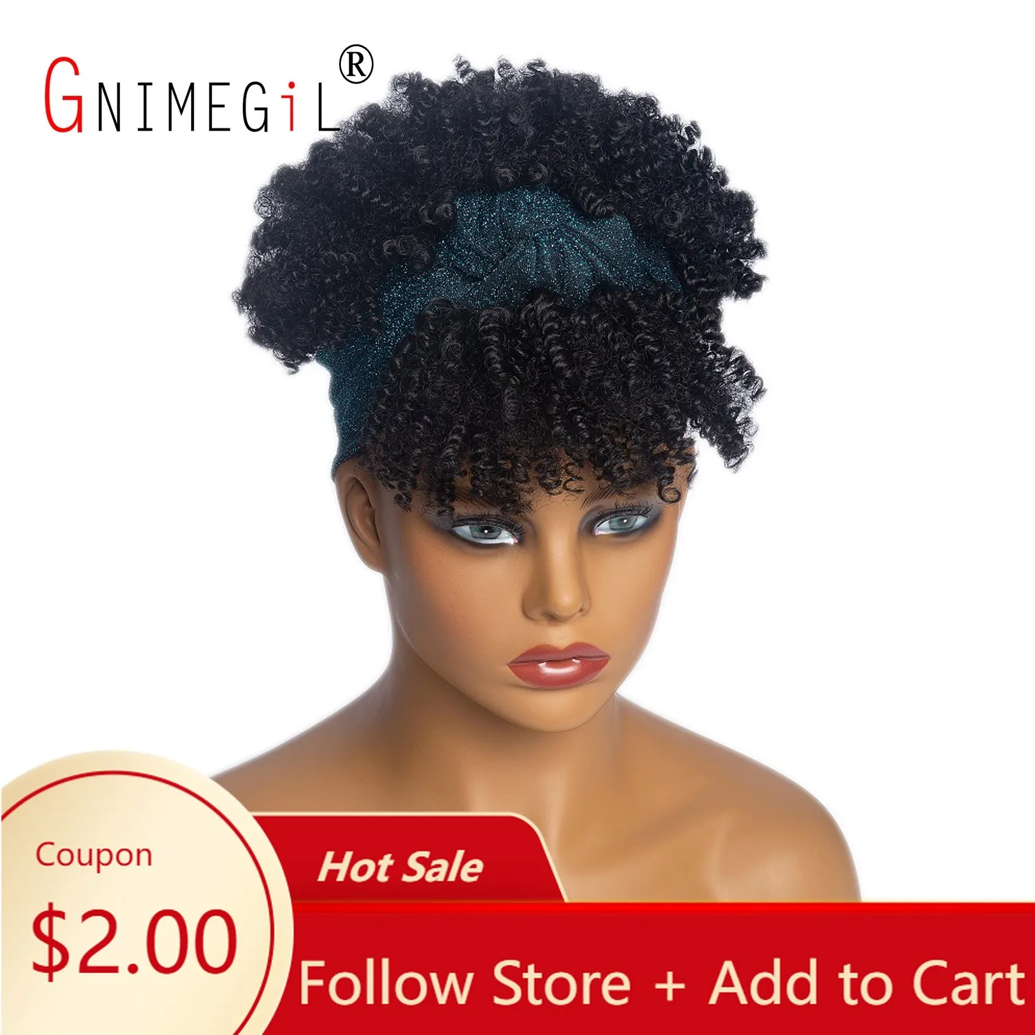 

GNIMEGIL Headband Synthetic Wig Short Afro Kinky Curly Hair Wigs For Black Women Fluffy Curls Hairband African Turban Wrap Hair