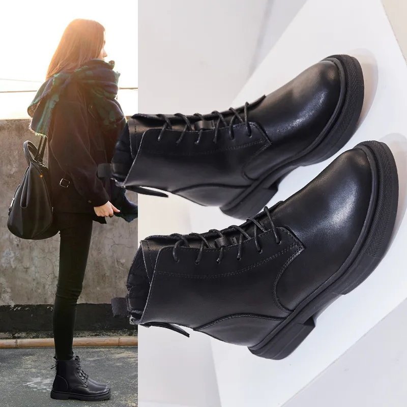 Женские ботинки Koovan новинка 2020 на молнии сзади женская обувь кожаные черные