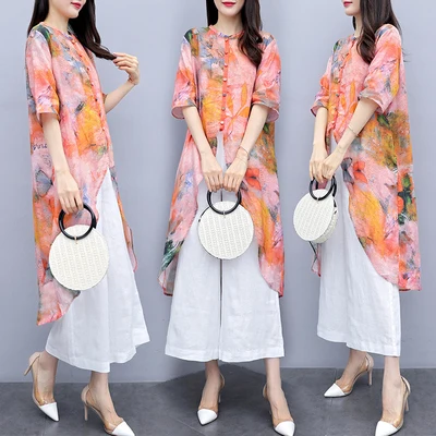 Женские свободные брюки из двух частей топ с принтом и широкие повседневный