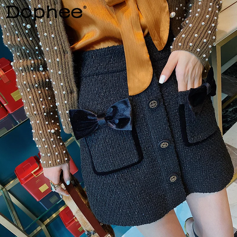 

High Quality Bow Double Pocket Houndstooth Tweed Skirt Women High Waist Hip A- Line Short Skirt Autumn Winter Wool Plaid Skirt
