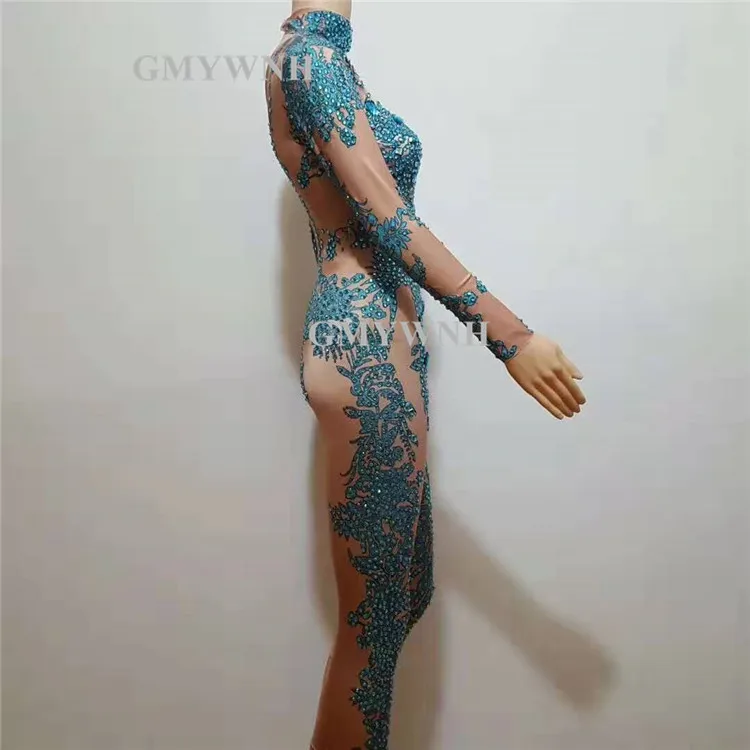 W4 женский сексуальный комбинезон с 3d принтом Синие стразы тянущиеся трико