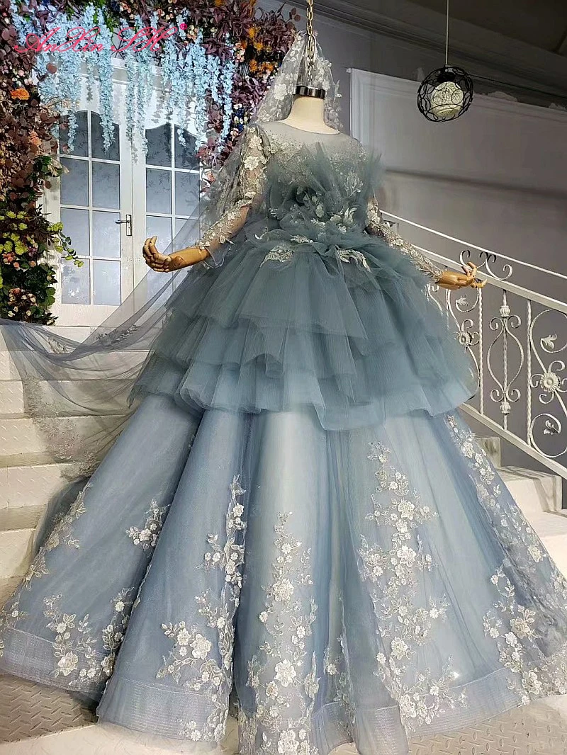 

AnXin SH Luxury princess flower grey blue lace o neck beading crystal illusion long sleeve ruffles wedding dress 100% real photo
