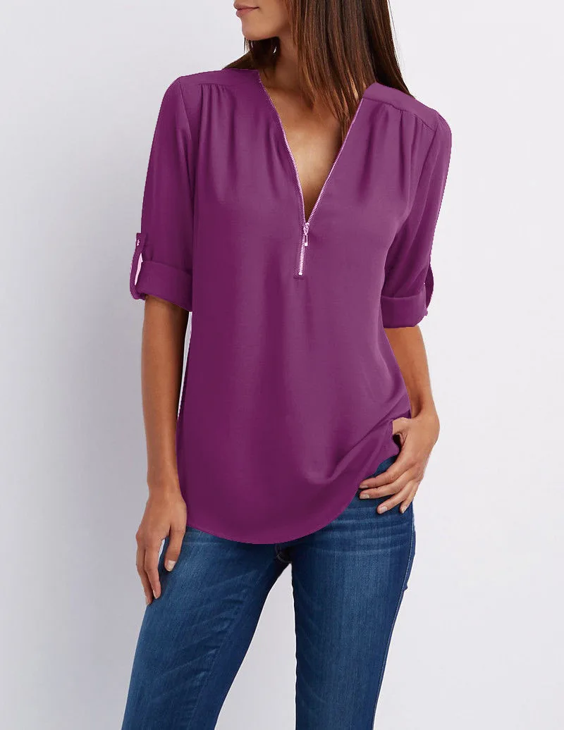 

V-neck zip-up plus size women's long-sleeve loose chiffon shirt