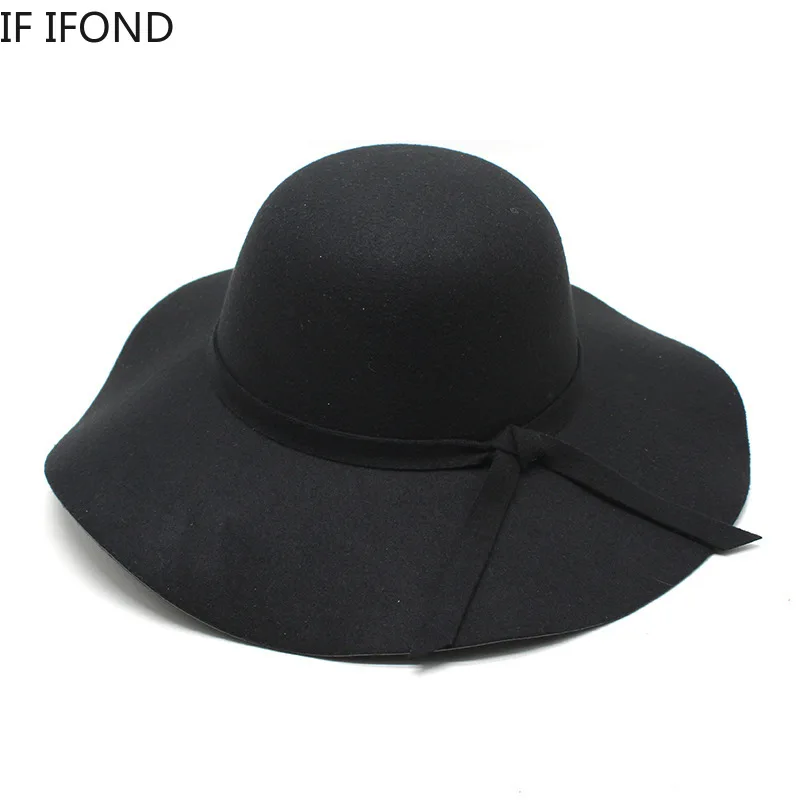 Europe England Winter Women's Felt Fedora Hats Black Lady Wide Brim Cloche Floppy Cap Kids Child Girl Jazz Cap 52-54-56-58CM