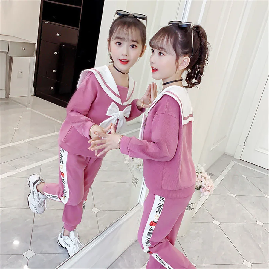 wholesle 2021 spring and autumn big girl clothing sets children clothes kids top with bow+striped pant 2pcs | Мать и ребенок